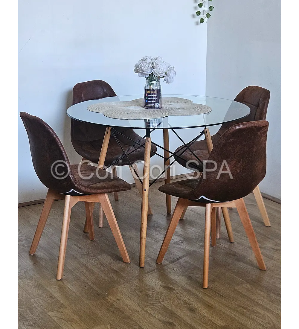 Comedor Mesa Eames Vidrio 80cms + 4 Sillas Capitonne Ecocuero Vintage