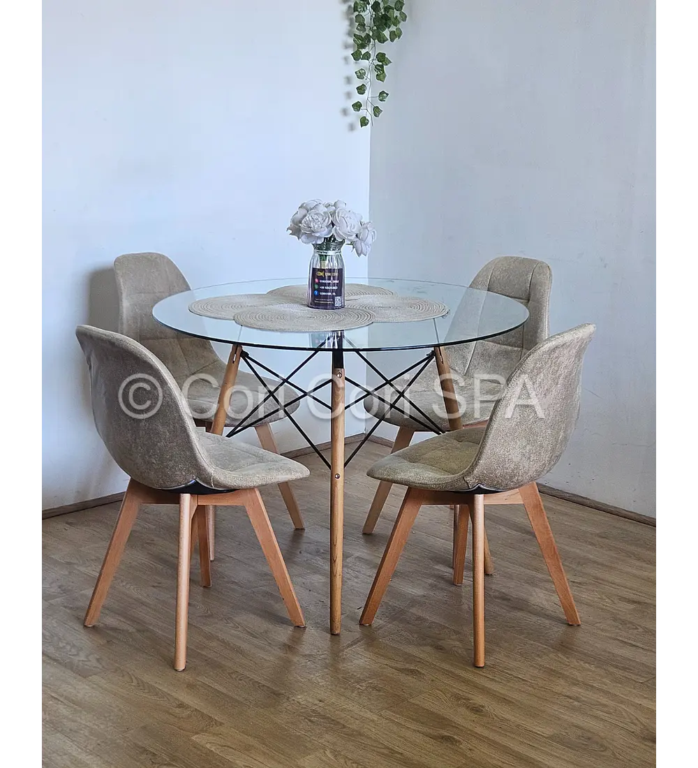 Comedor Mesa Eames Vidrio 80cms + 4 Sillas Capitonne Ecocuero Vintage