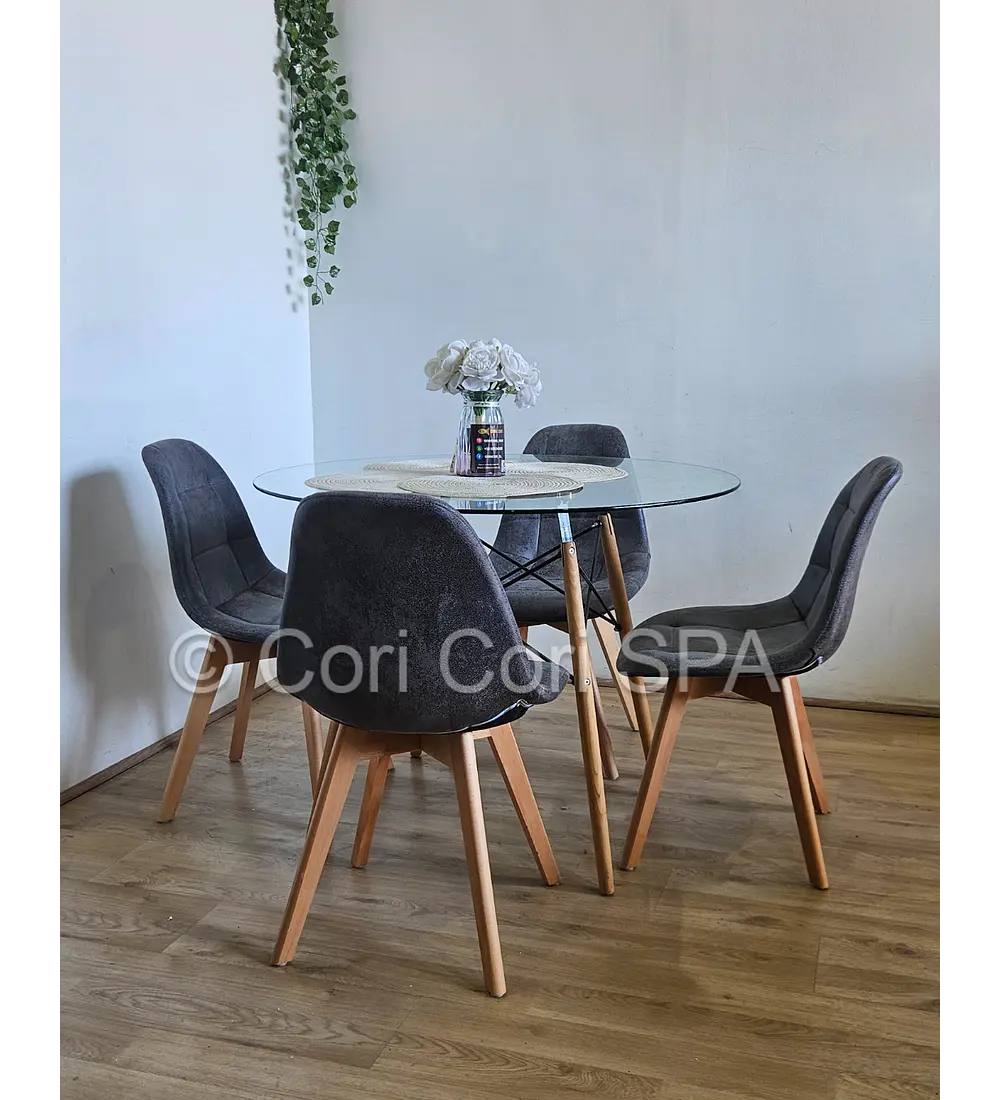 Comedor Mesa Eames Vidrio 80cms + 4 Sillas Capitonne Ecocuero Vintage