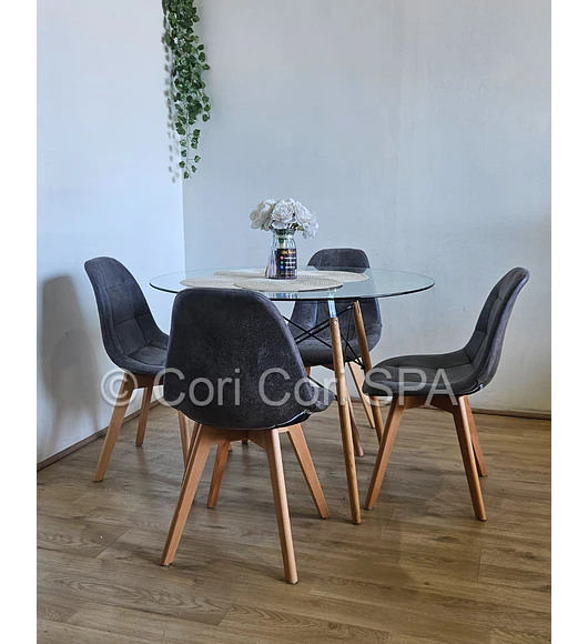 Comedor Mesa Eames Vidrio 80cms + 4 Sillas Capitonne Ecocuero Vintage