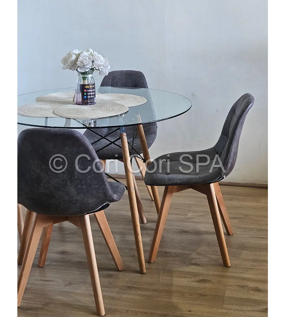 Comedor Mesa Eames Vidrio 80cms + 4 Sillas Capitonne Ecocuero Vintage