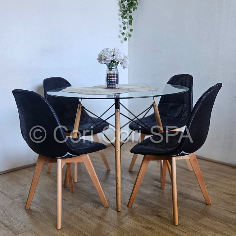 Comedor Mesa Eames Vidrio 80cms + 4 Sillas Capitonne Ecocuero Vintage 7