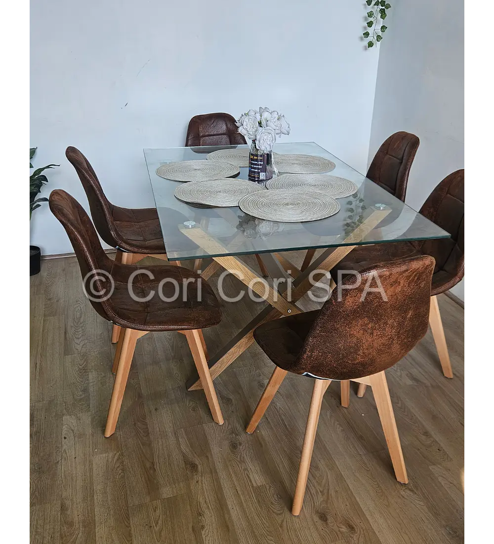 Comedor Medlock 130 x 80cm + 6  Sillas Capitonne Ecocuero Vintage