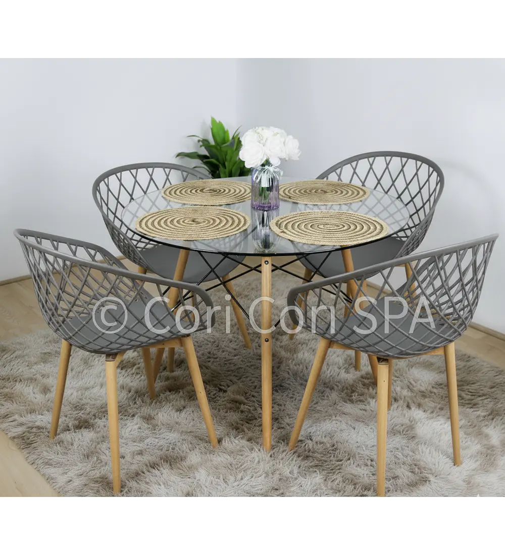 Comedor Eames Vidrio 100cm + 4 Butaca Mesh