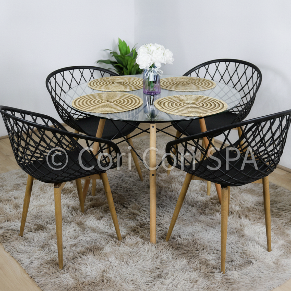 Comedor Eames Vidrio 100cm + 4 Butaca Mesh 4