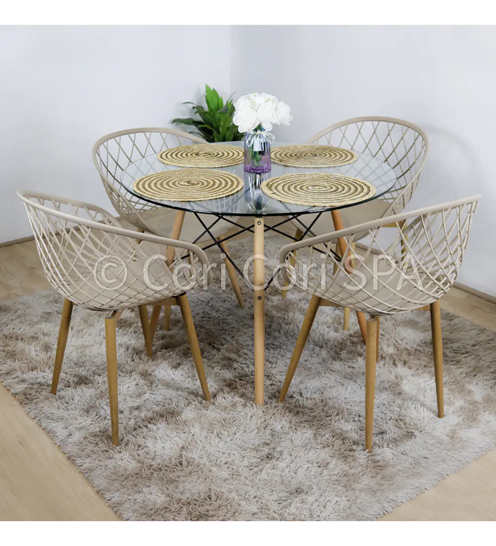 Comedor Eames Vidrio 80cm + 4 Butacas Mesh