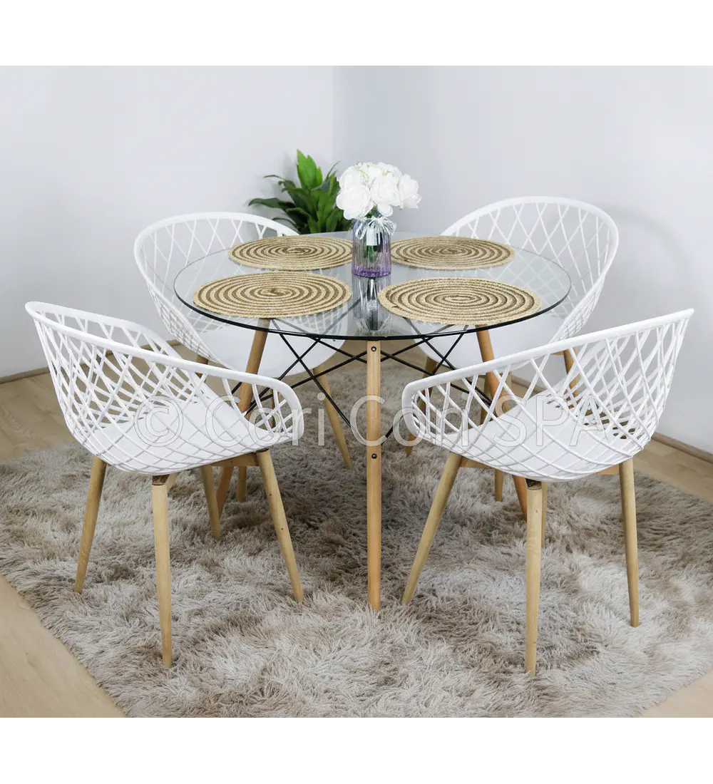 Comedor Eames Vidrio 80cm + 4 Butacas Mesh