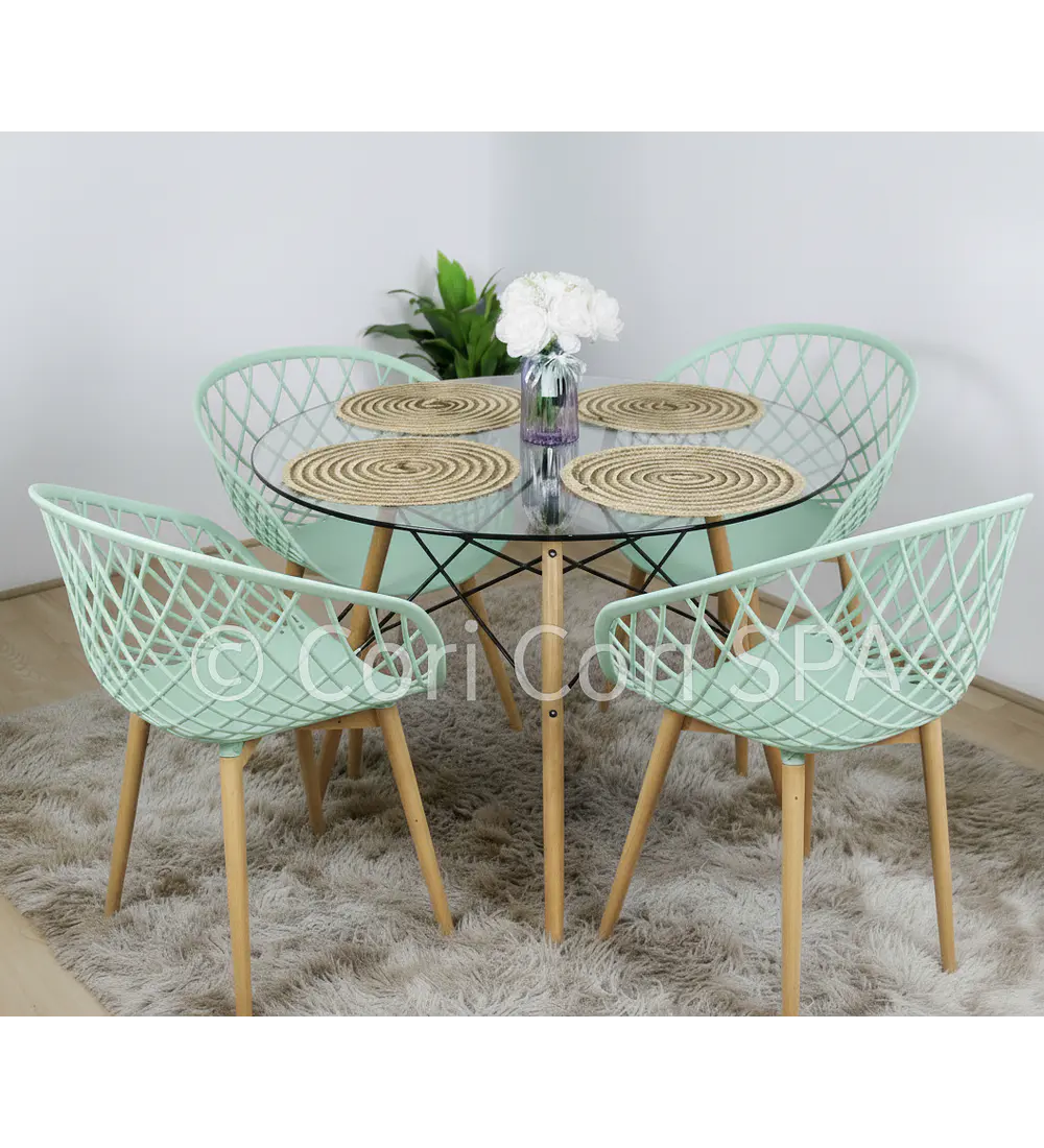 Comedor Eames Vidrio 80cm + 4 Butacas Mesh