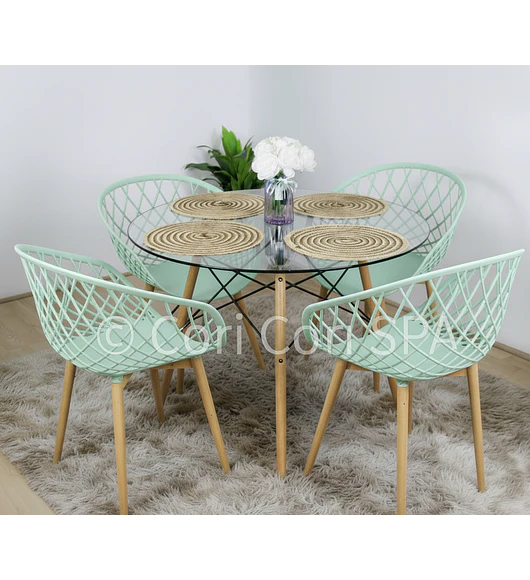 Comedor Eames Vidrio 80cm + 4 Butacas Mesh