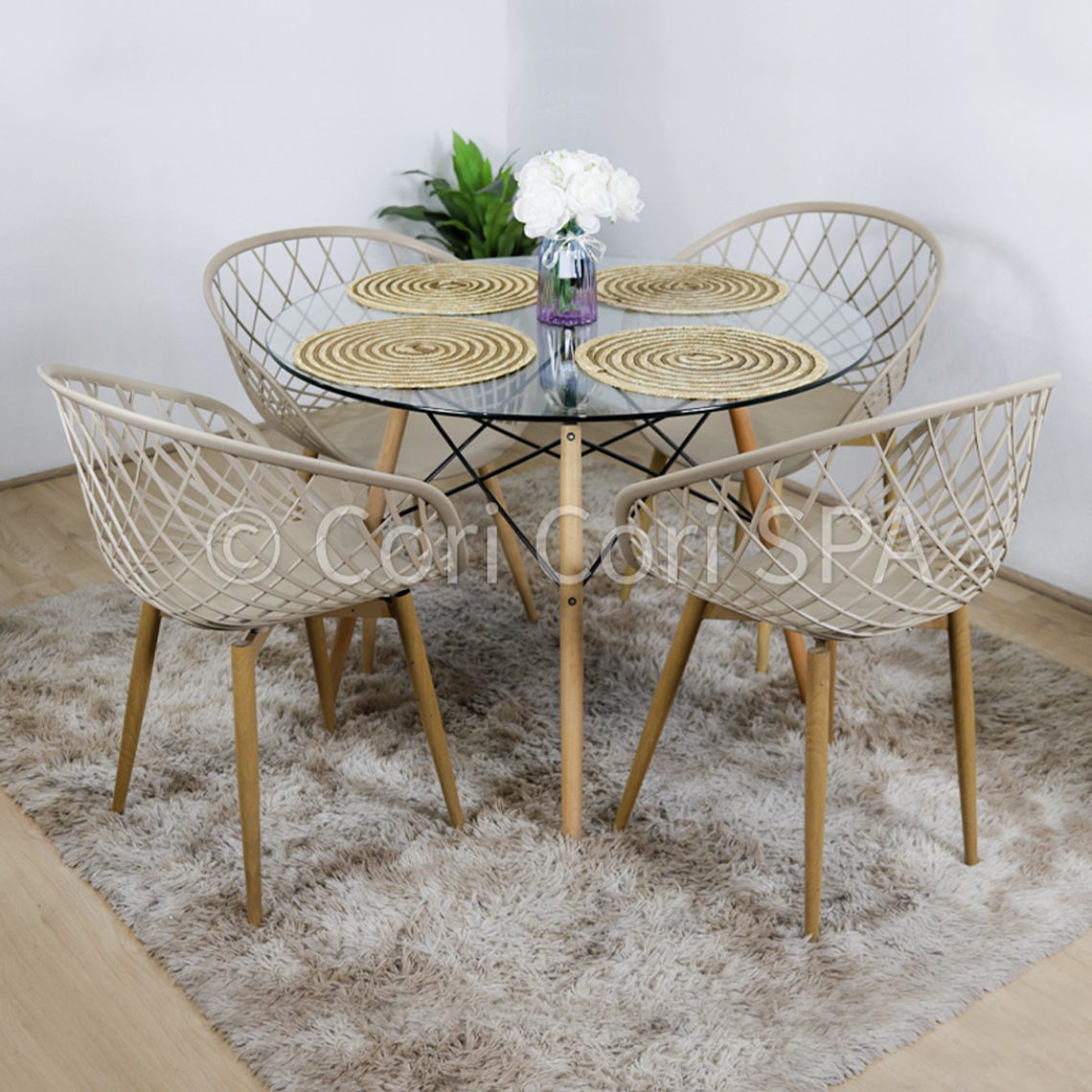 Comedor Eames Vidrio 120cm + 4 Butacas Mesh 3