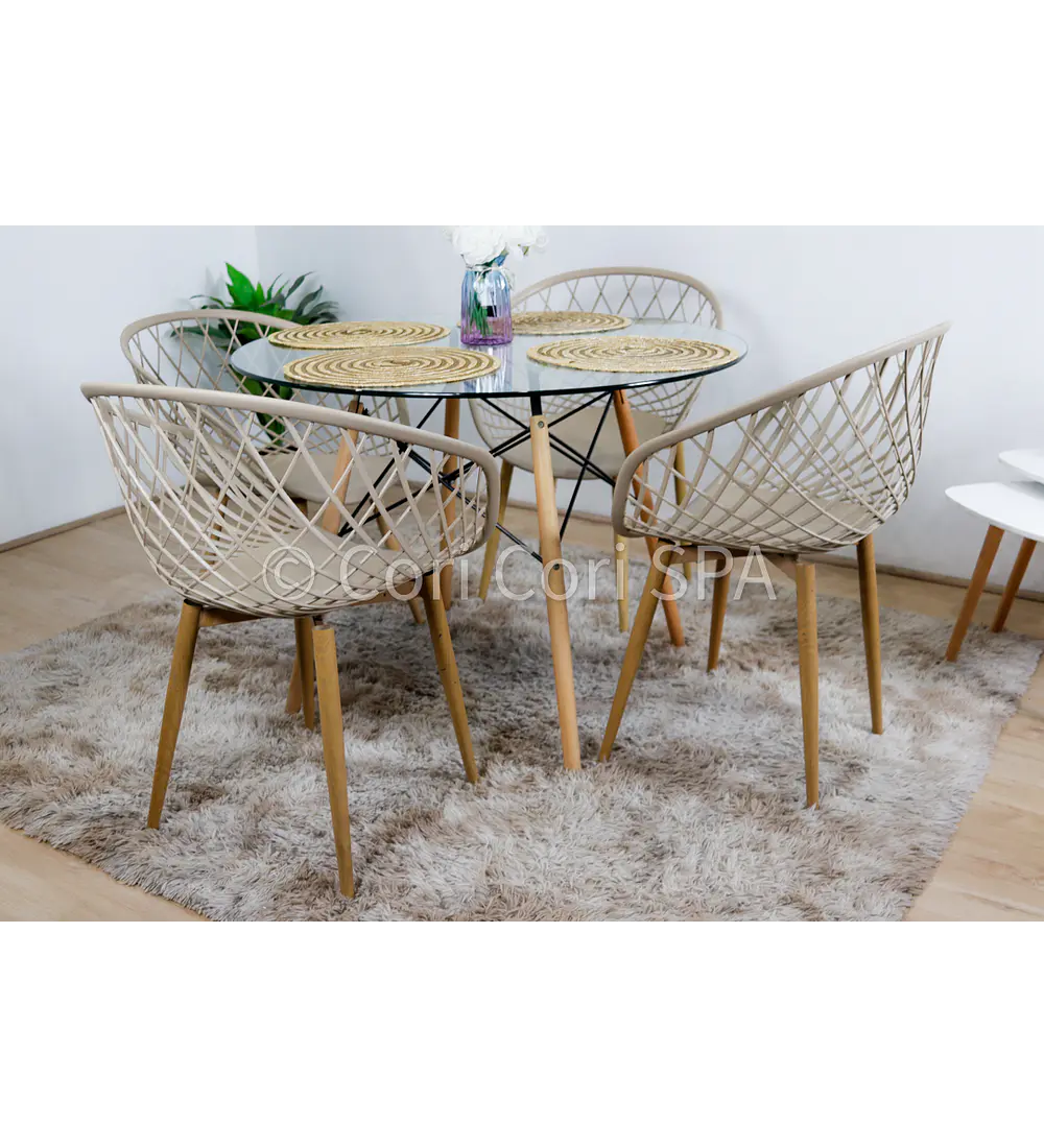 Comedor Eames Vidrio 120cm + 4 Butacas Mesh