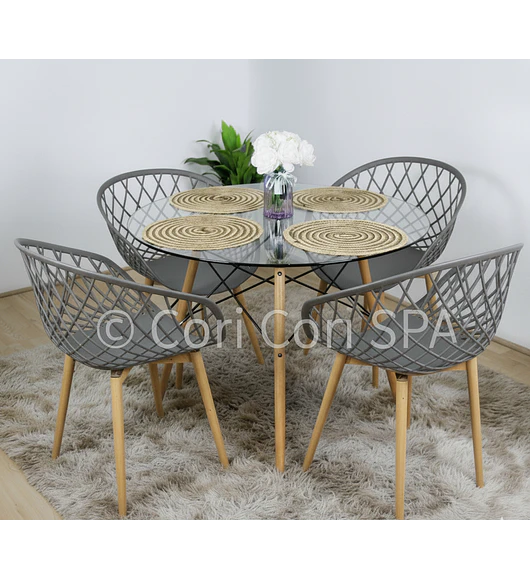 Comedor Eames Vidrio 120cm + 4 Butacas Mesh