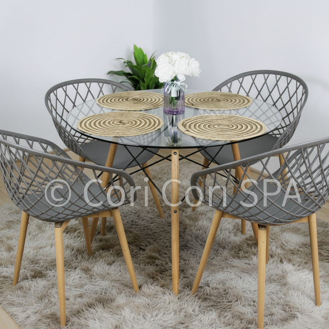 Comedor Eames Vidrio 120cm + 4 Butacas Mesh 1