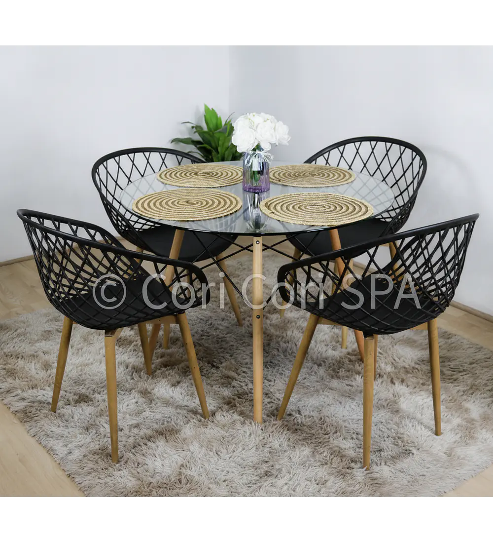 Comedor Eames Vidrio 120cm + 4 Butacas Mesh