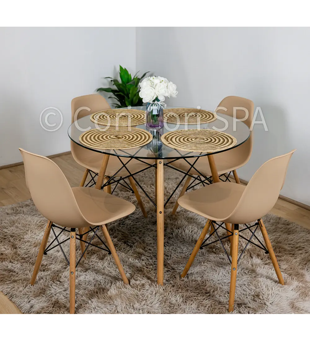 Comedor Eames Vidrio 80cms + 4 Sillas Eames 