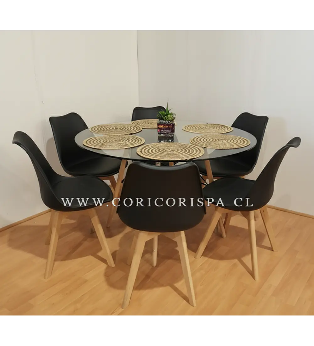 Comedor Mesa Eames Vidrio 120cms + 6 Sillas Tulip