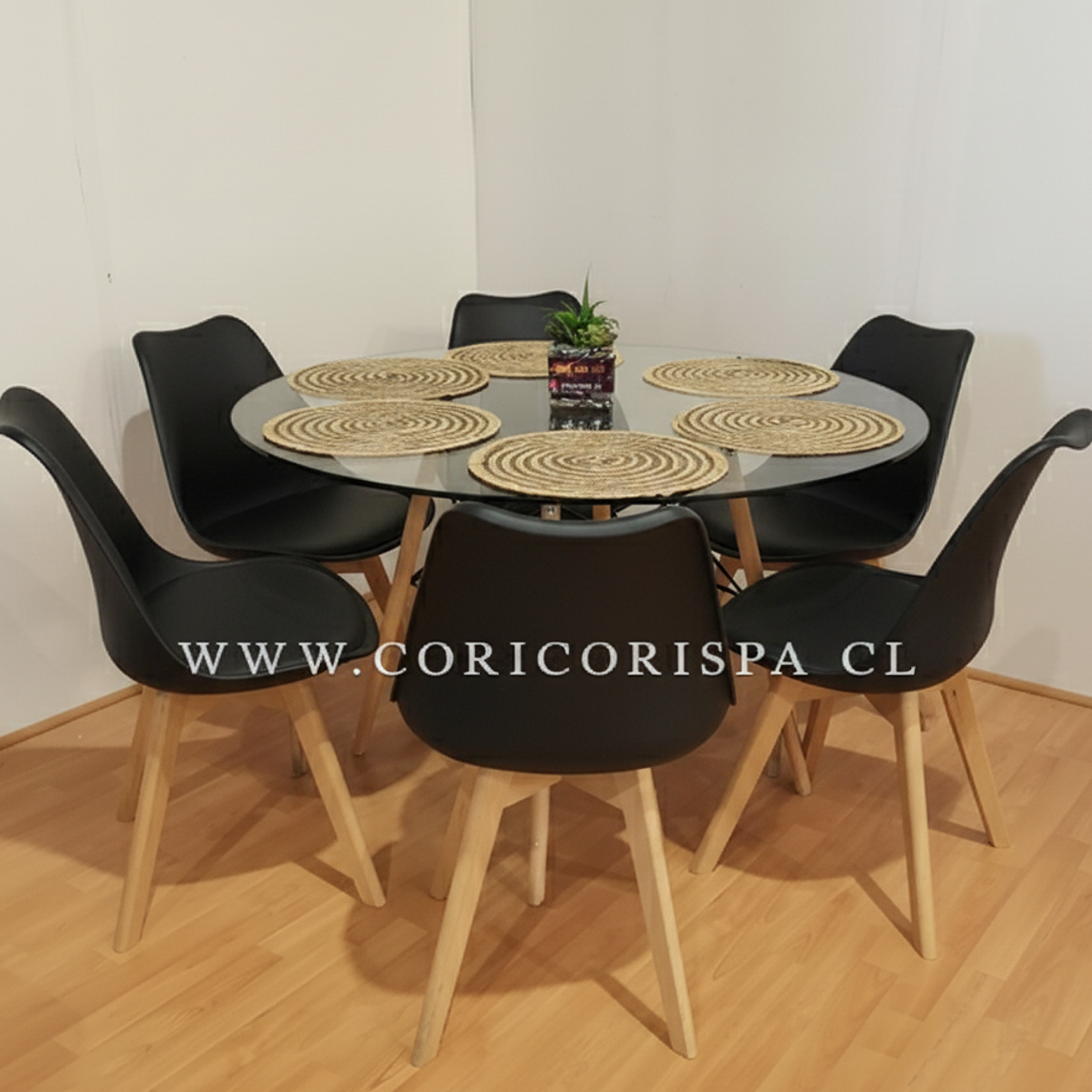 Comedor Mesa Eames Vidrio 120cms + 6 Sillas Tulip 2