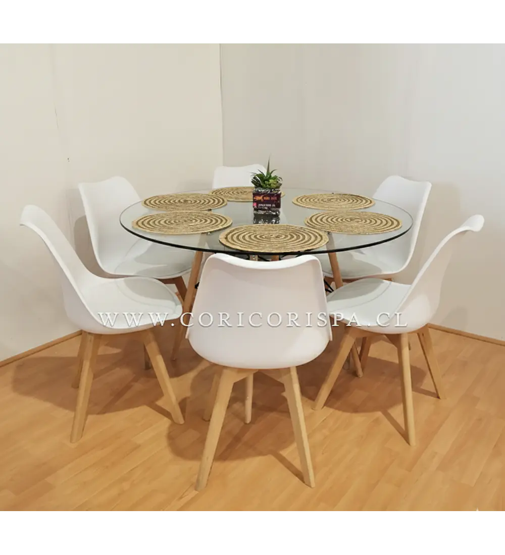 Comedor Mesa Eames Vidrio 120cms + 6 Sillas Tulip