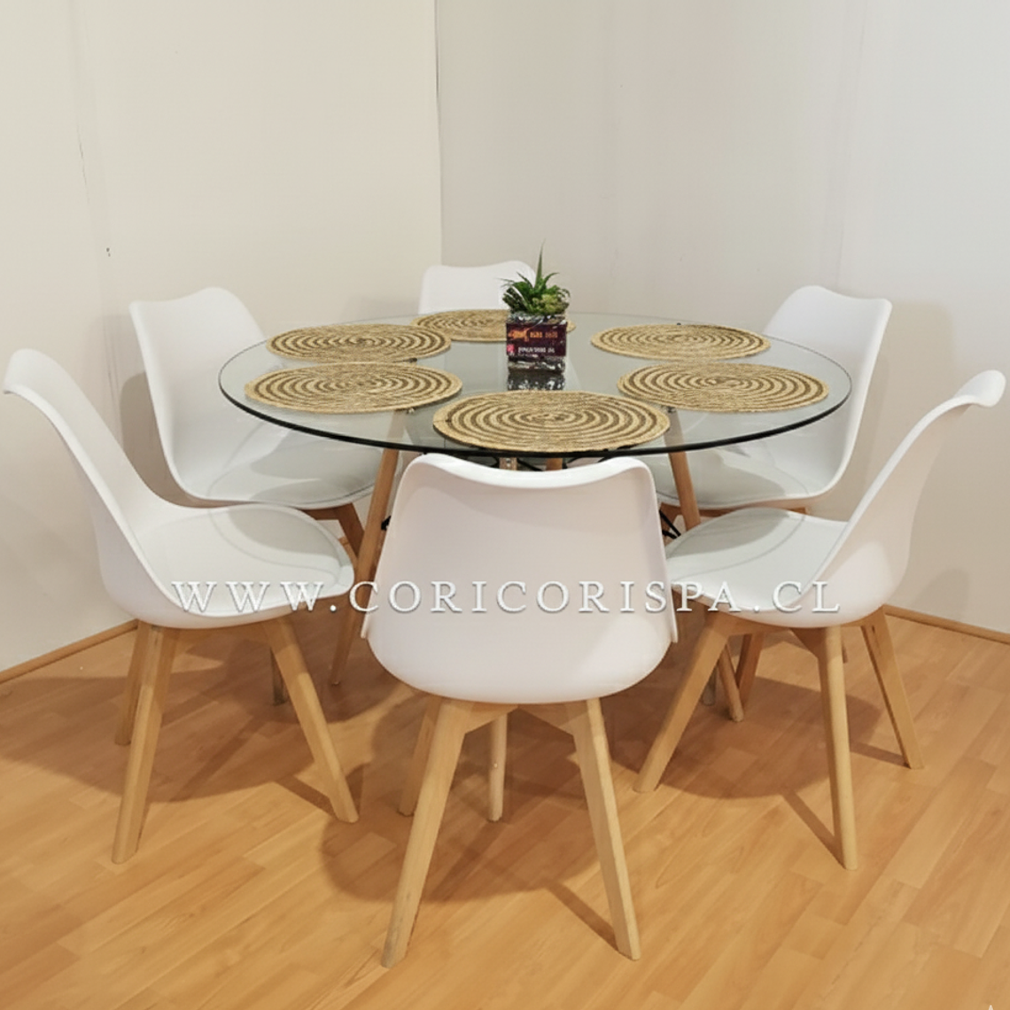 Comedor Mesa Eames Vidrio 120cms + 6 Sillas Tulip 3