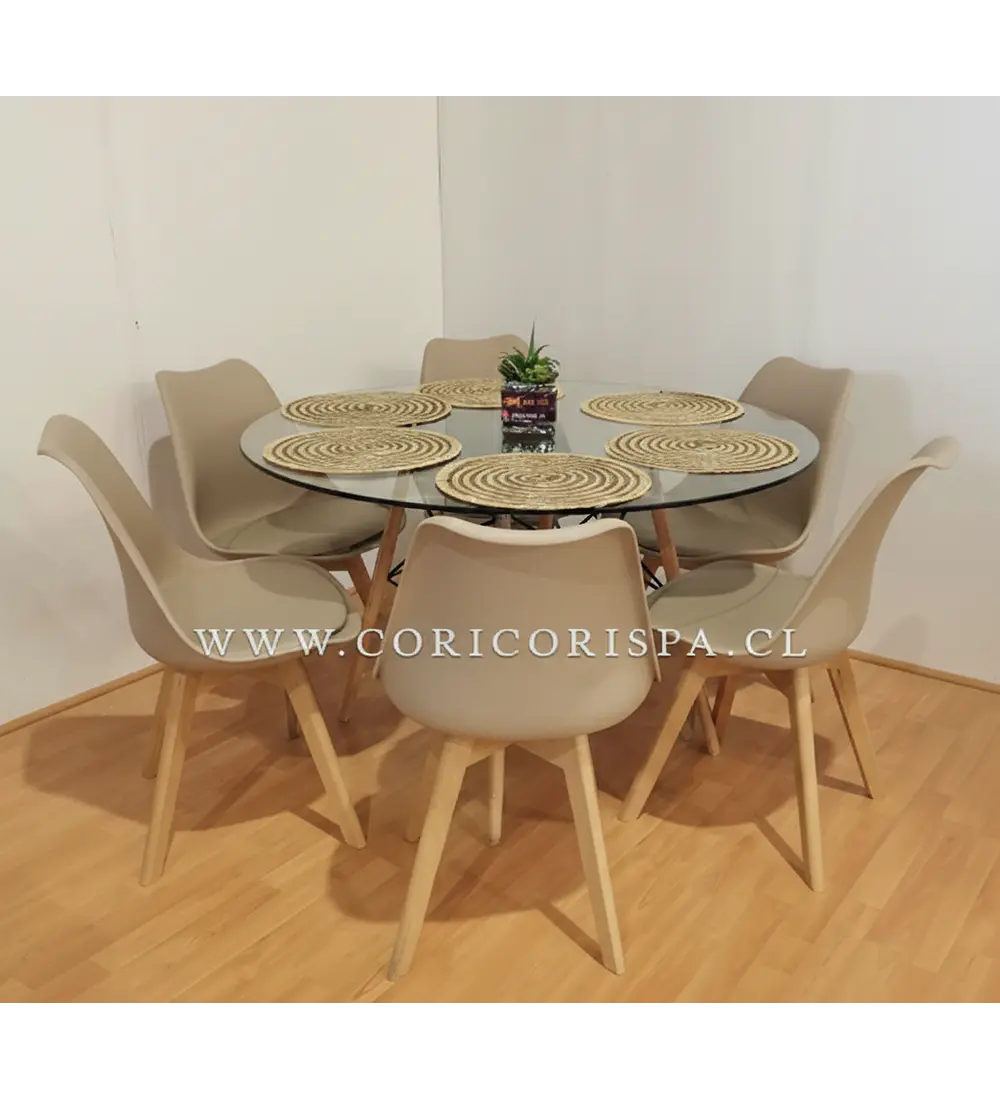 Comedor Mesa Eames Vidrio 120cms + 6 Sillas Tulip