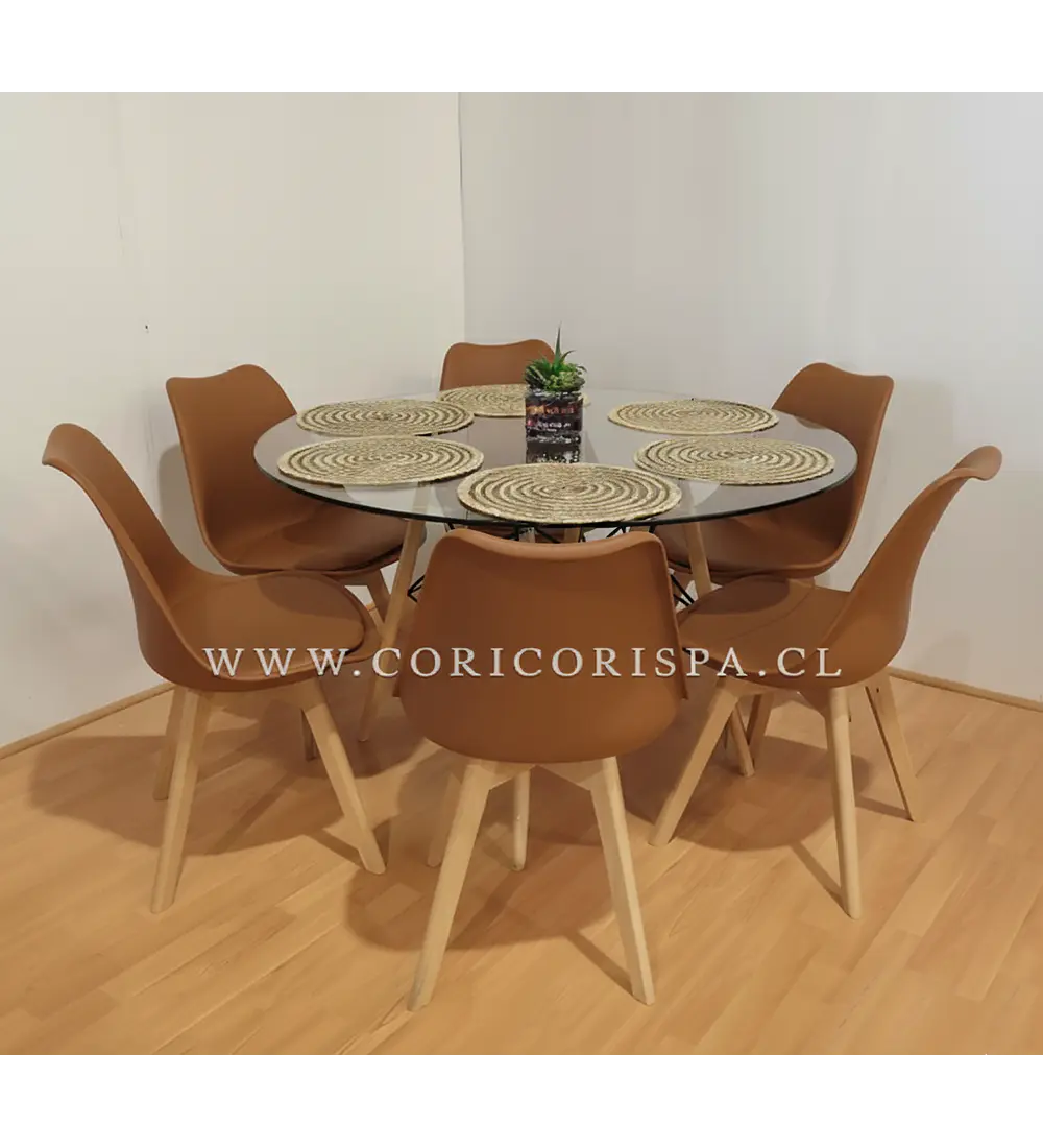 Comedor Mesa Eames Vidrio 120cms + 6 Sillas Tulip