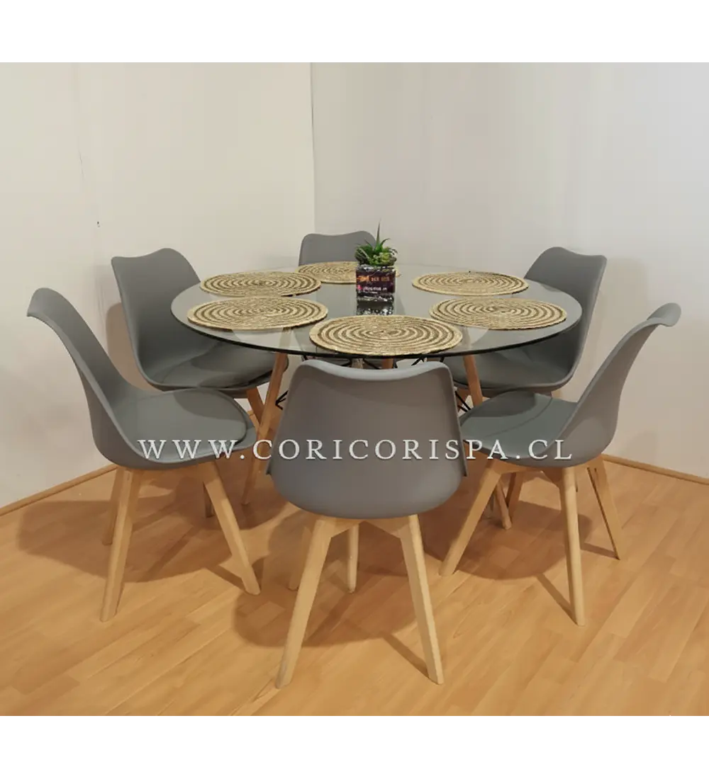 Comedor Mesa Eames Vidrio 120cms + 6 Sillas Tulip