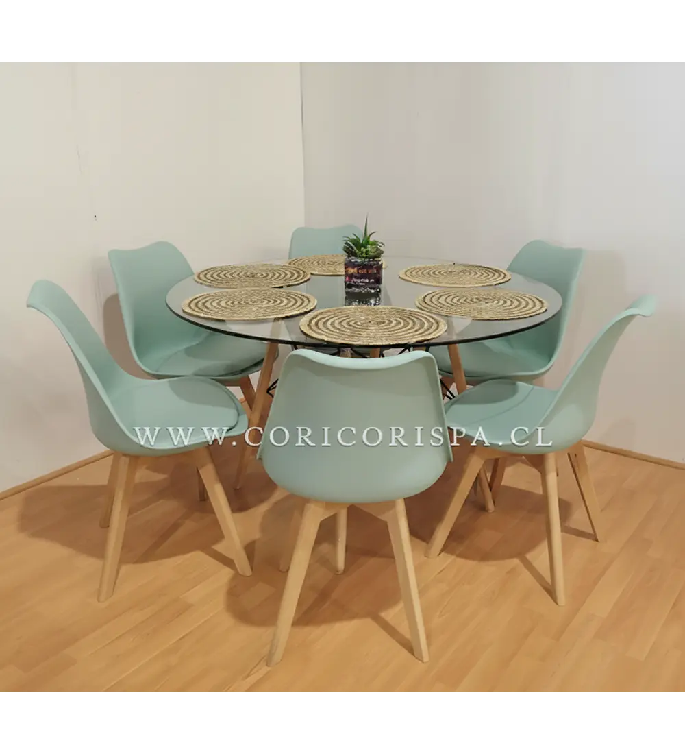 Comedor Mesa Eames Vidrio 120cms + 6 Sillas Tulip