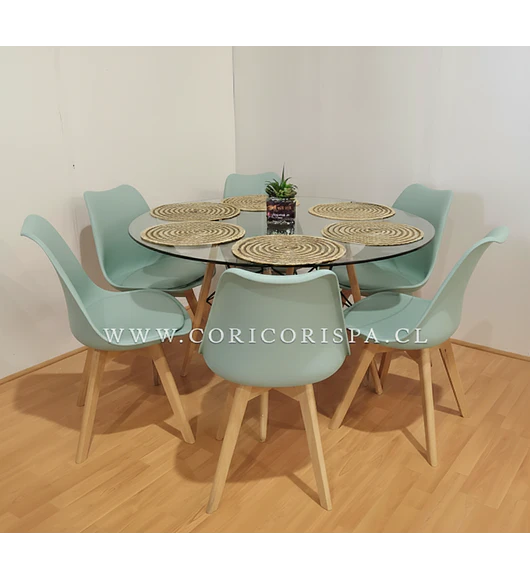 Comedor Mesa Eames Vidrio 120cms + 6 Sillas Tulip