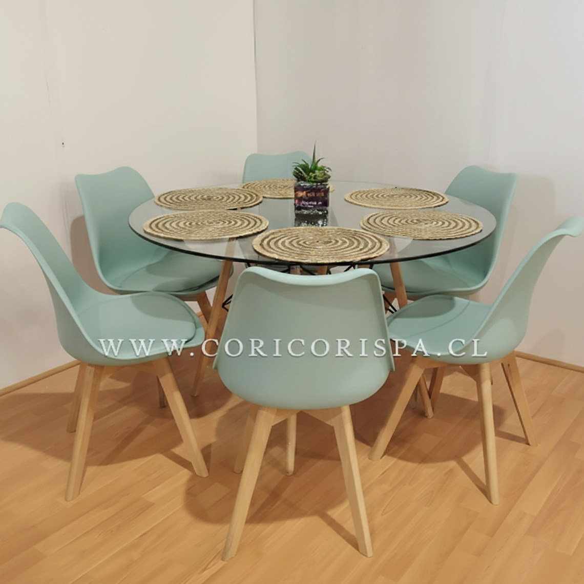 Comedor Mesa Eames Vidrio 120cms + 6 Sillas Tulip 1