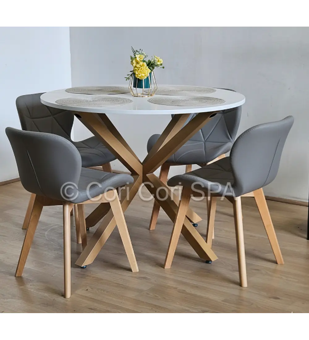 Comedor Warwick Melamina Blanca 100cm + 4 Sillas Mariposa Ecocuero Wood