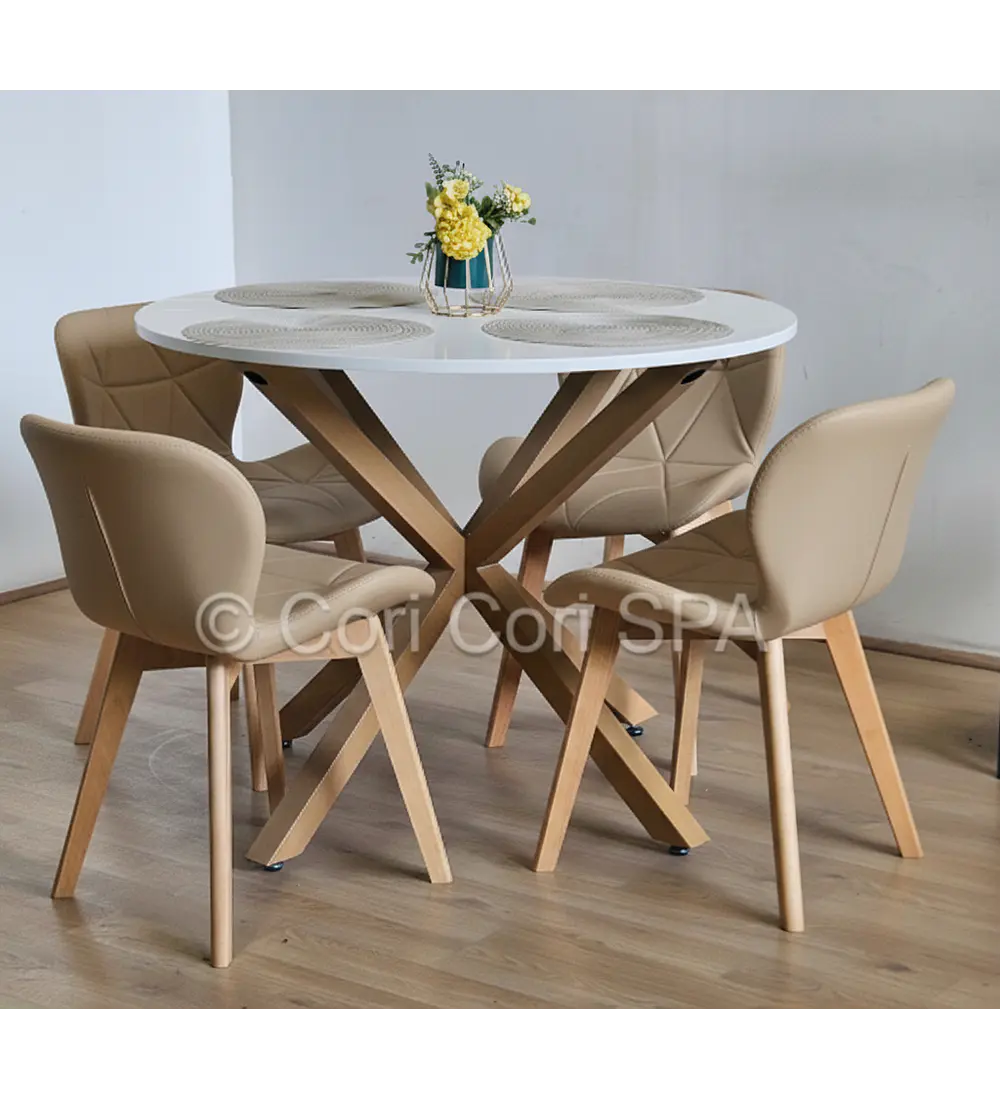 Comedor Warwick Melamina Blanca 100cm + 4 Sillas Mariposa Ecocuero Wood