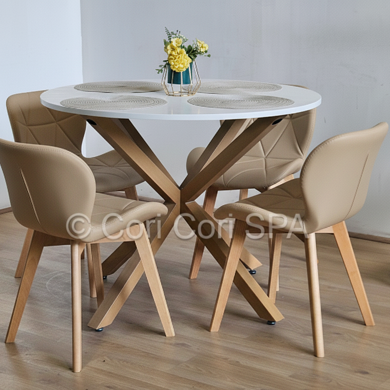 Comedor Warwick Melamina Blanca 100cm + 4 Sillas Mariposa Ecocuero Wood 19