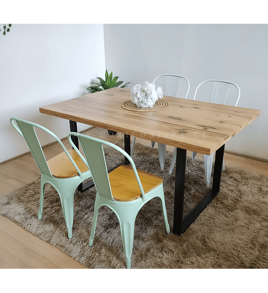 Comedor Industrial 140x90 Light + 4 Sillas Tolix Asiento de Madera