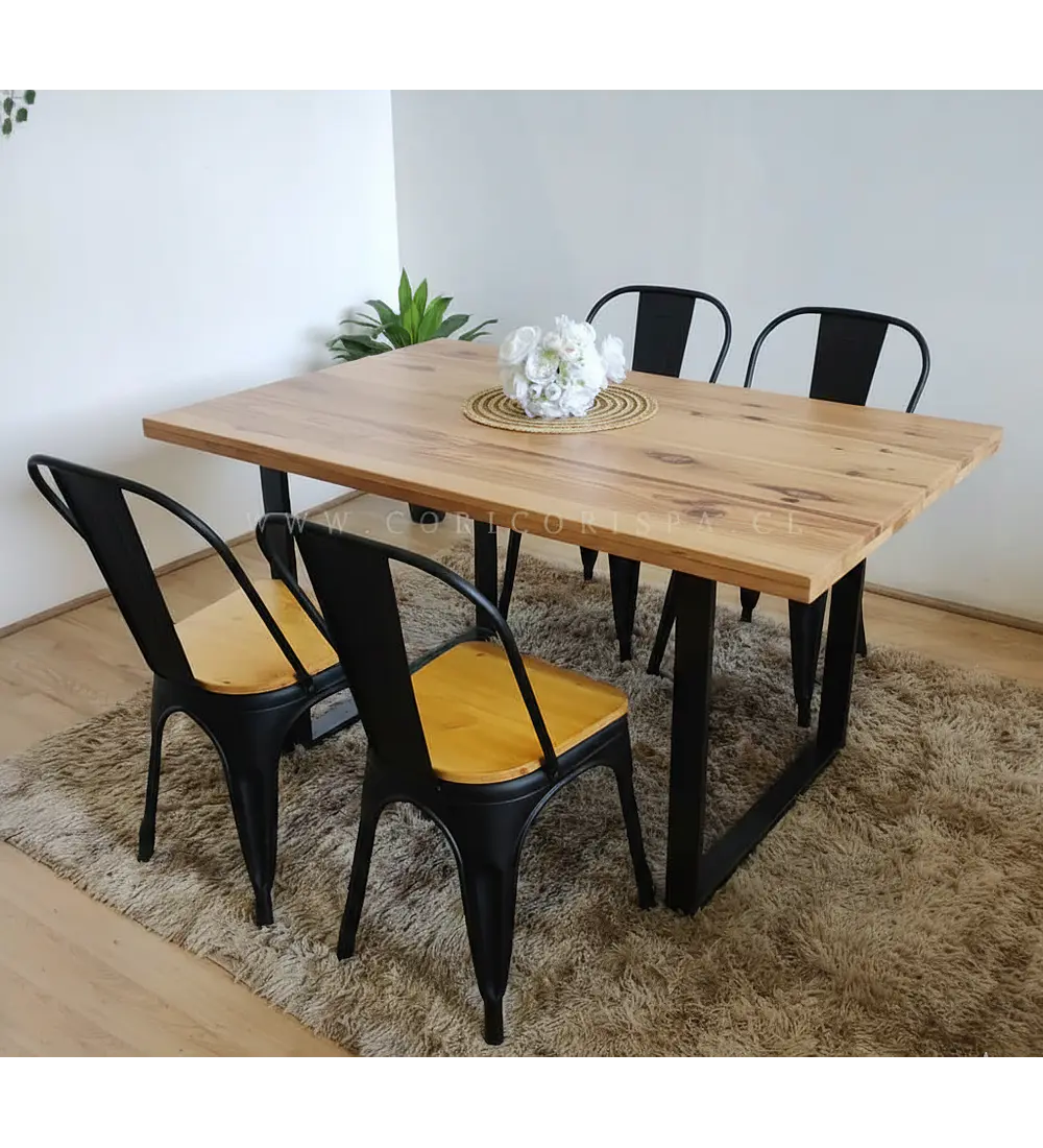 Comedor Industrial 140x90 Light + 4 Sillas Tolix Asiento de Madera