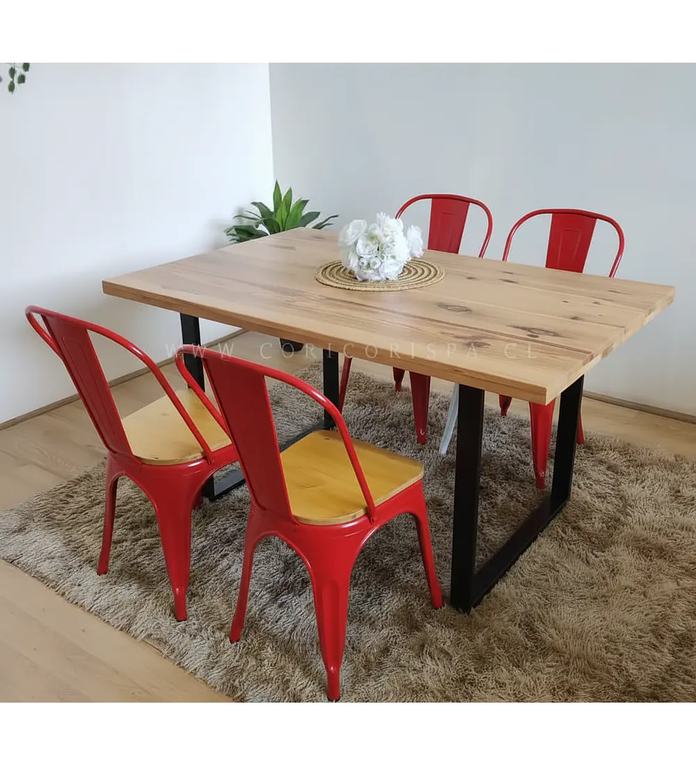 Comedor Industrial 140x90 Light + 4 Sillas Tolix Asiento de Madera