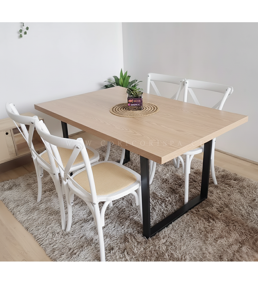 Comedor Industrial 140x90 Light + 4 Sillas Crossback Madera