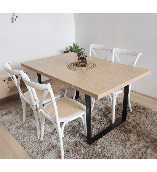 Comedor Industrial 140x90 Light + 4 Sillas Crossback Madera