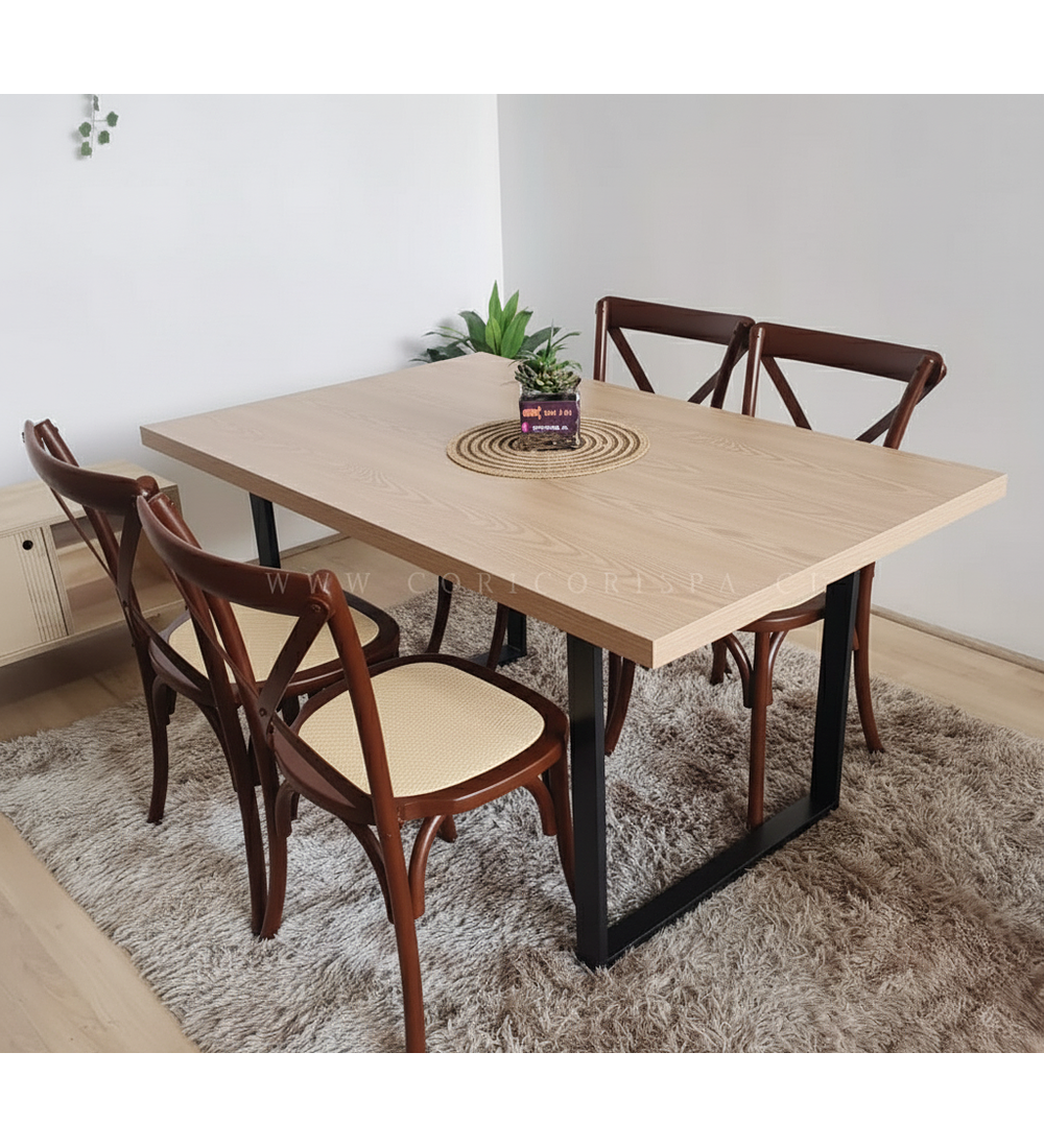 Comedor Industrial 140x90 Light + 4 Sillas Crossback Madera