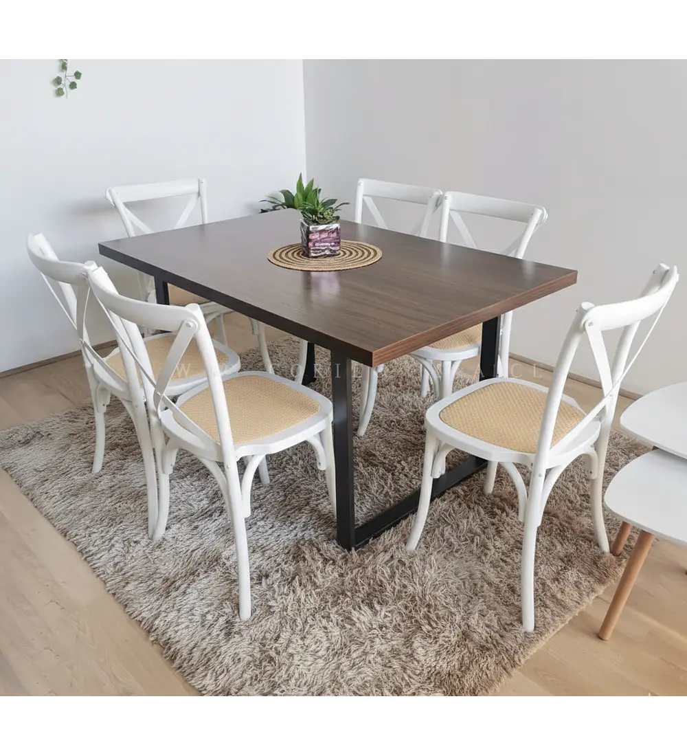 Comedor Industrial 140x90cms Oscura + 6 Sillas Crossback Madera