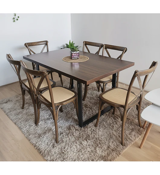Comedor Industrial 140x90cms Oscura + 6 Sillas Crossback Madera