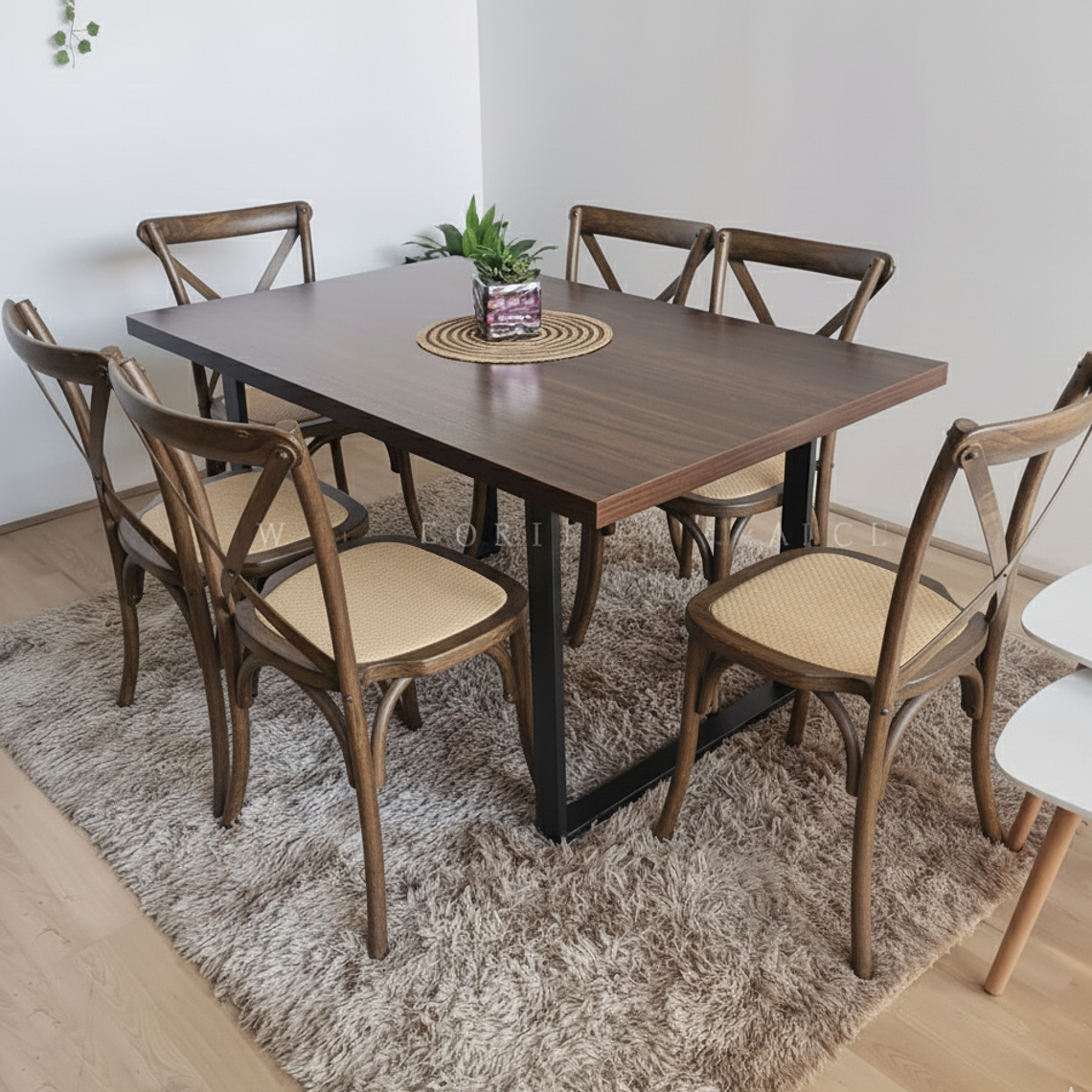 Comedor Industrial 140x90cms + 6 Sillas Crossback Madera 1