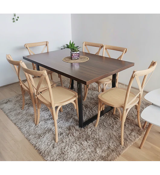 Comedor Industrial 160x90cms Oscura + 6 Sillas Crossback Madera