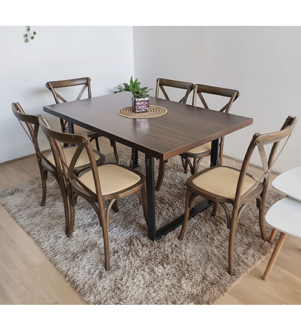 Comedor Industrial 160x90cms + 6 Sillas Crossback Madera
