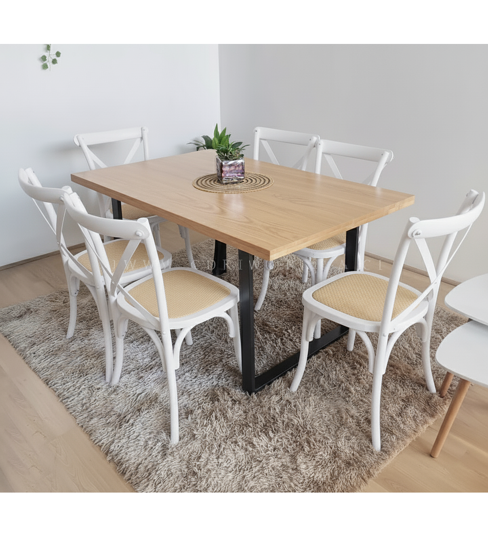 Comedor Industrial 140x90cms Light + 6 Sillas Crossback Madera