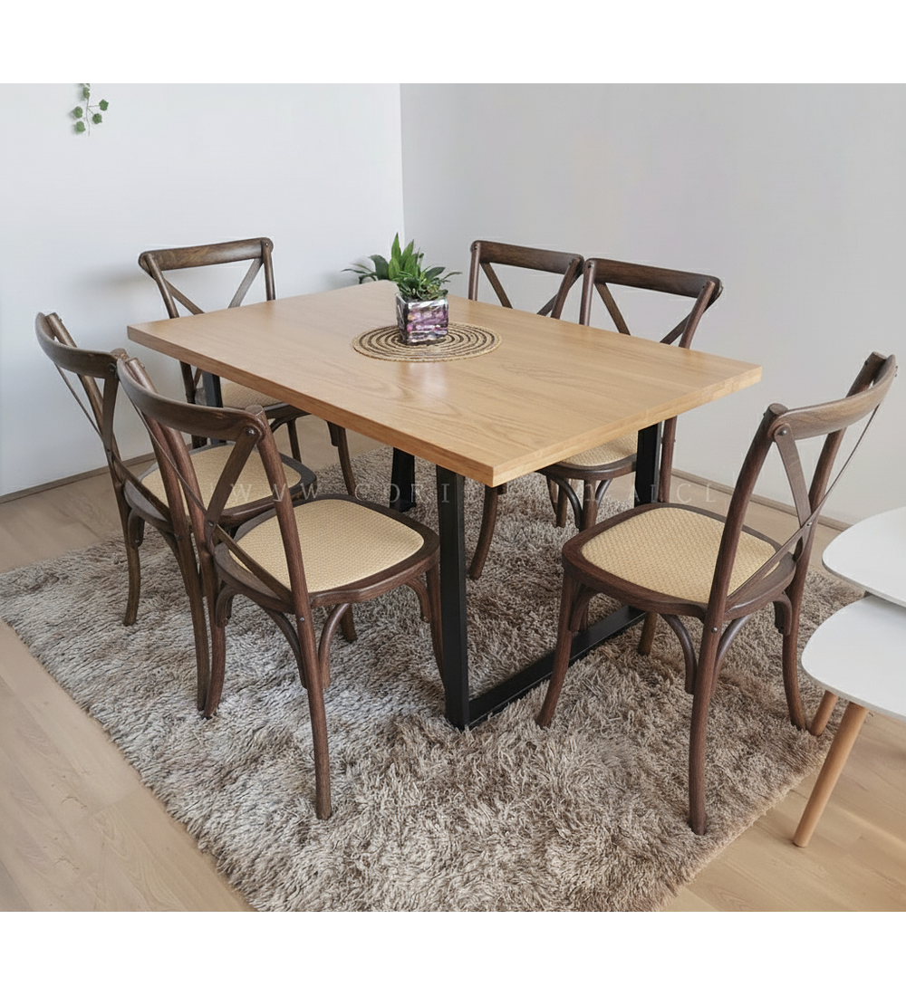 Comedor Industrial 140x90cms Light + 6 Sillas Crossback Madera