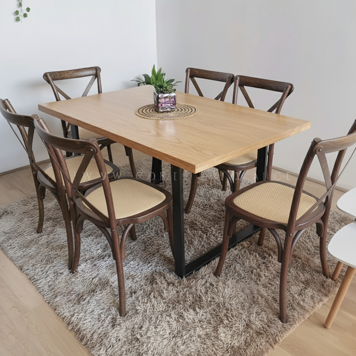 Comedor Industrial 140x90cms Light + 6 Sillas Crossback Madera 2