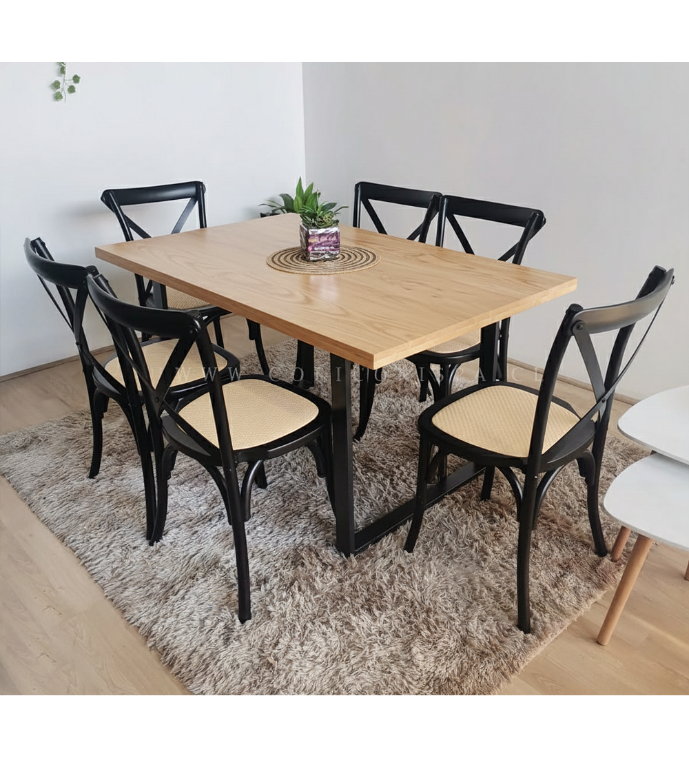Comedor Industrial 140x90cms Light + 6 Sillas Crossback Madera