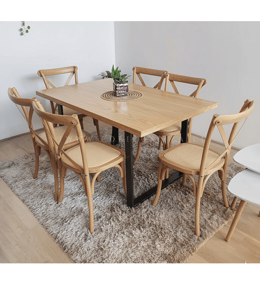Comedor Industrial 140x90cms Light + 6 Sillas Crossback Madera
