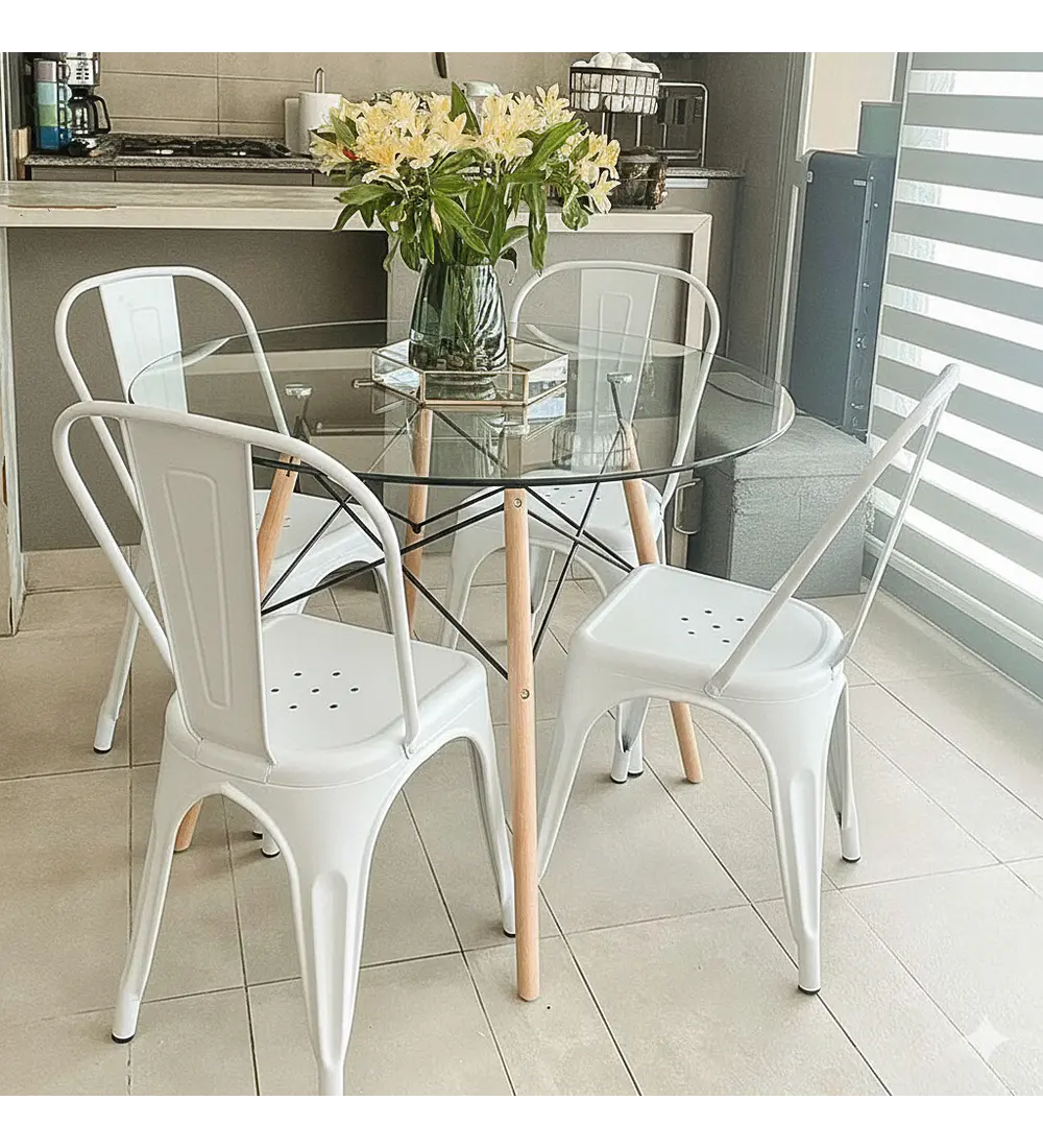 Comedor Eames Vidrio 100cms + 4 Sillas Tolix 