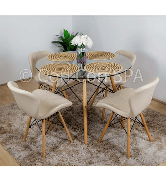 Comedor Eames Vidrio 80cms + 4 Silla Eames Mariposa Ecocuero